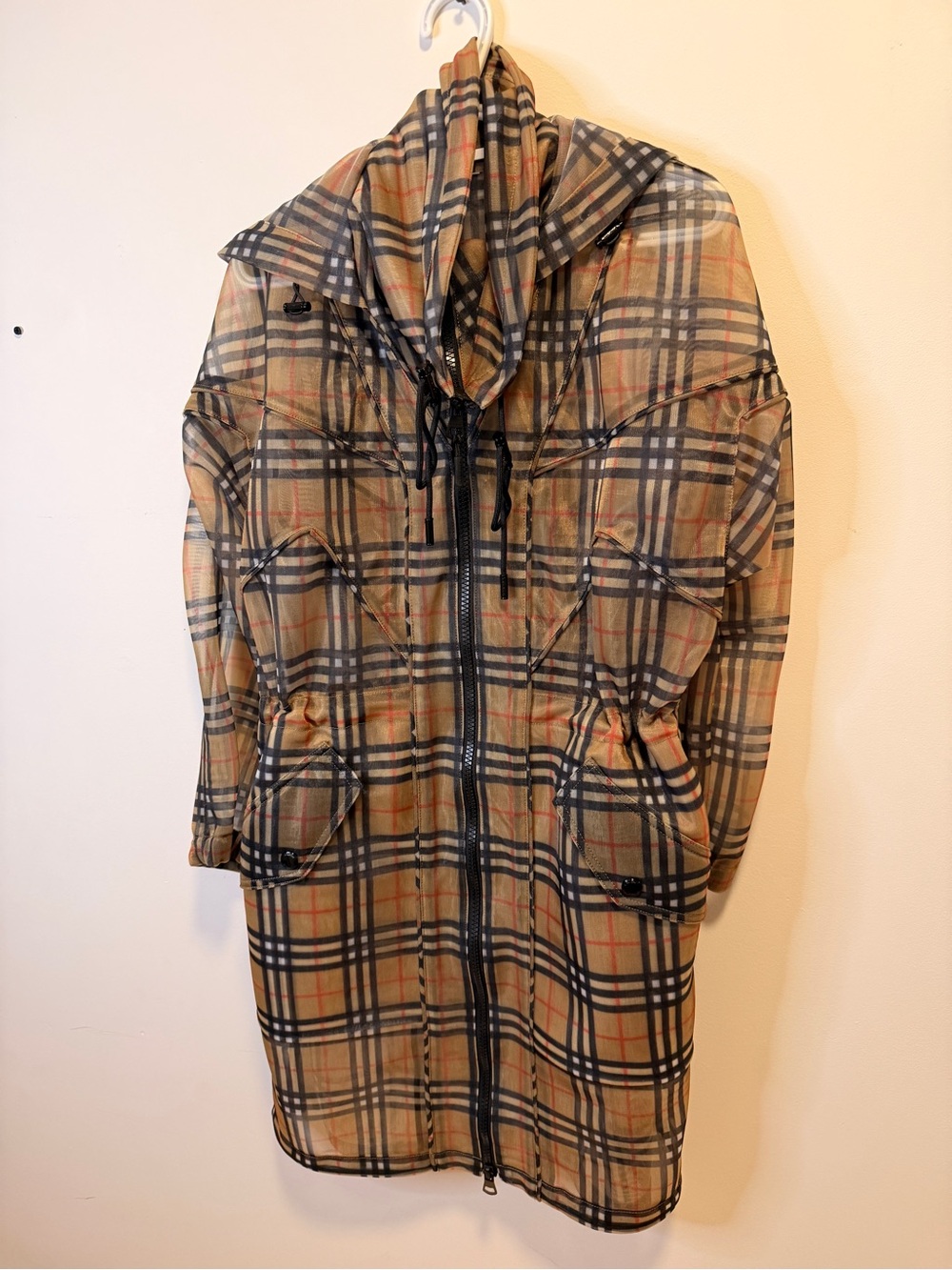 Women’s Burberry Hooded Long Plaid Rain Coat in Beige